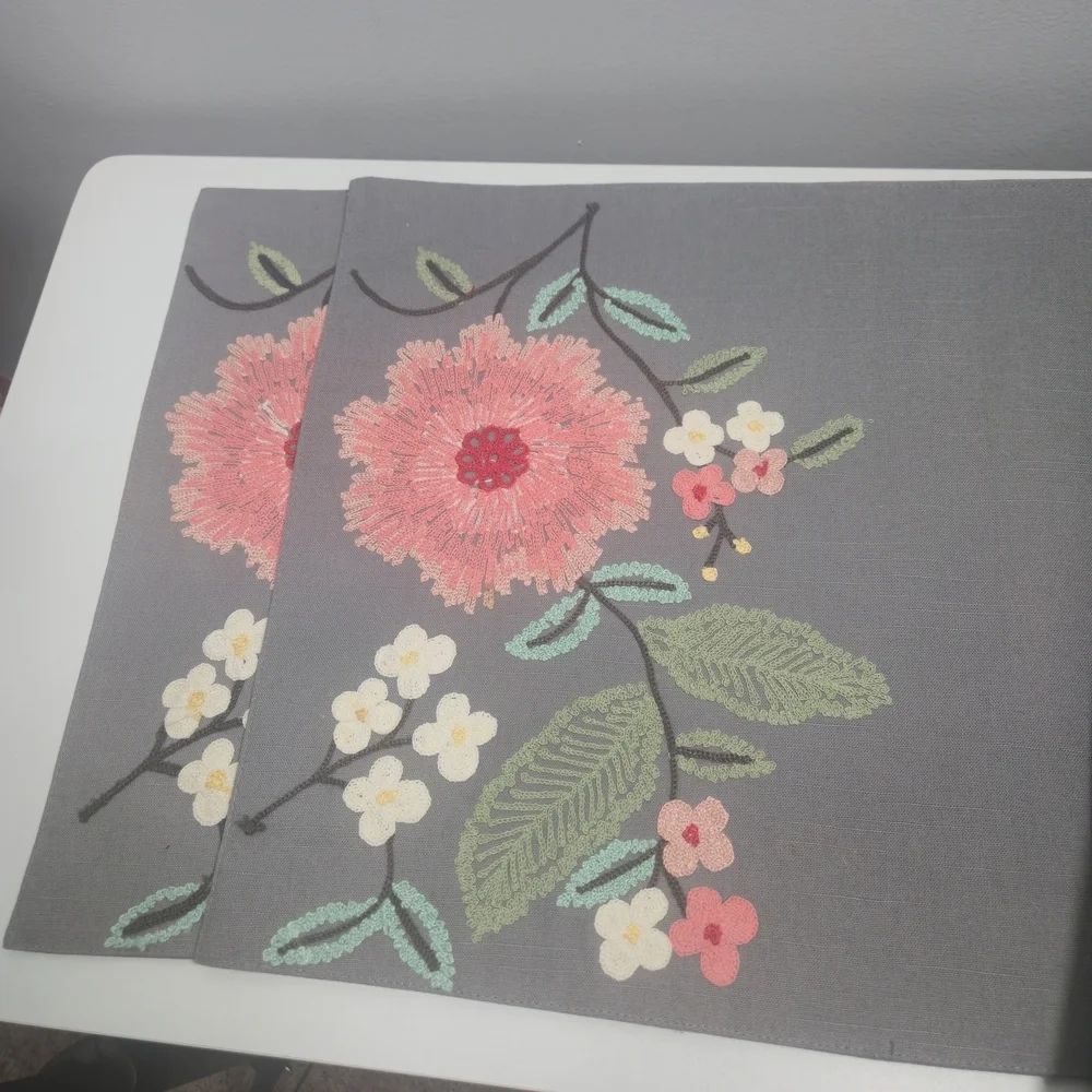 Floral Embroidered Gray Placemats Set Of 4